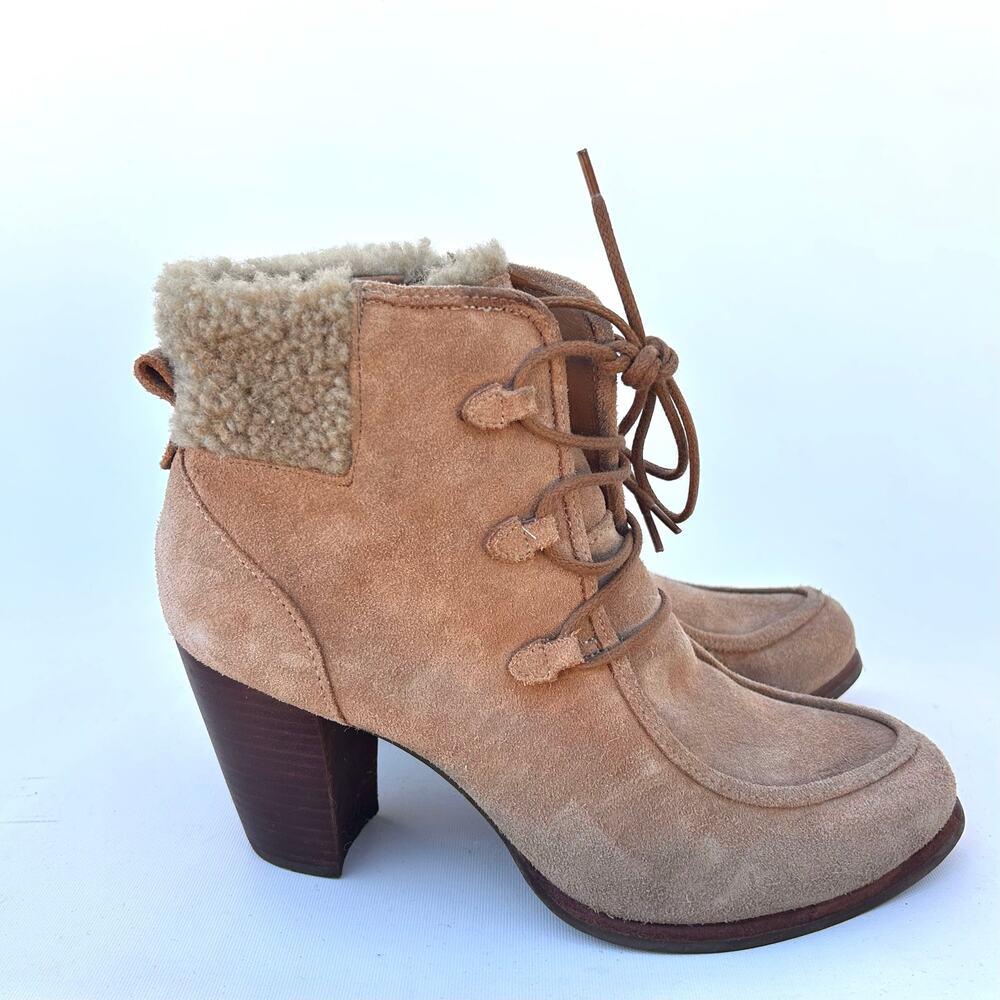 UGG Analise Suede Shearling High Heeled Booties Ankle Boots Tan 9.5